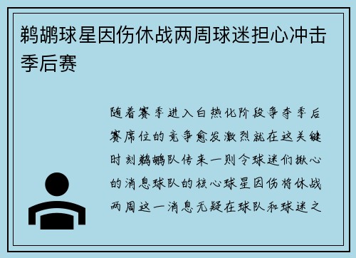 鹈鹕球星因伤休战两周球迷担心冲击季后赛